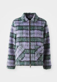 Faux fur jacket with purple and green stripes, zip closure, collar, and two front patch pockets. Soft texture with geometric pattern accents.