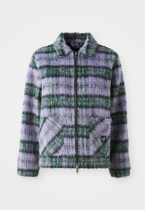 Faux fur jacket with purple and green stripes, zip closure, collar, and two front patch pockets. Soft texture with geometric pattern accents.