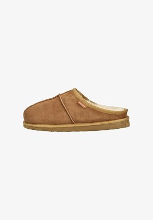 Brune ruskinds hjemmesko med shearling-for, syede detaljer og flad sål, slip-on stil til indendørs brug.