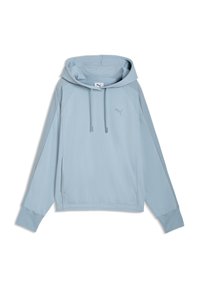 Lichtblauwe hoodie met lange mouwen, voorzakken, verstelbare trekkoorden en een Puma-logo op de borst, plat gelegd op een witte achtergrond.