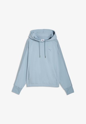 Lichtblauwe hoodie met lange mouwen, voorzakken, verstelbare trekkoorden en een Puma-logo op de borst, plat gelegd op een witte achtergrond.