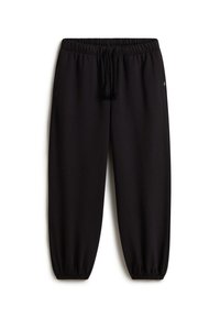 Black sweatpants with an elastic waistband, adjustable drawstring, and elastic cuffs at the ankles. Features side pockets for storage.