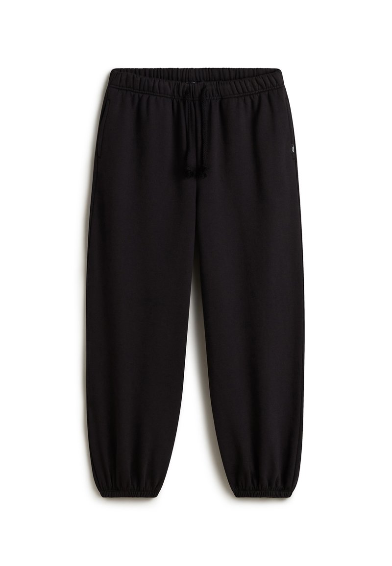 Black sweatpants with an elastic waistband, adjustable drawstring, and elastic cuffs at the ankles. Features side pockets for storage.