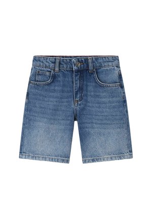 Short en jean bleu avec bouton à l'avant, passants de ceinture et style cinq poches, présenté sur fond blanc.