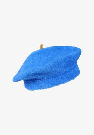 Soft blue fuzzy beret with a small brown stem on top, isolated on white background.