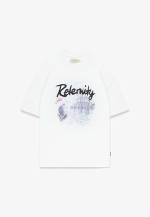White short-sleeve t-shirt featuring a watercolor-style illustration of a figure and the word "Relenity" in bold black script.