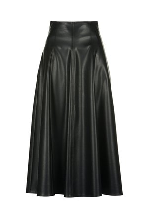 Black leather midi skirt with a smooth texture, high waist, and flared design. Features central seams for structure and style.