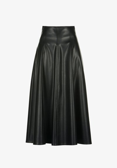 Črna usnjena midi krilo z gladko teksturo, visokim pasom in razširjenim krojem. Ponuja osrednje šive za strukturo in slog.