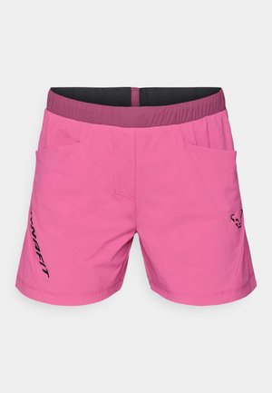 Rožinės šortai su juoda ir bordo elastine juosta, dvi šoninės kišenės ir juodu logotipu spausdintu kairiajame šone.