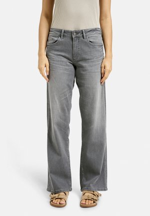 Gray wide-leg jeans with a faded finish, five pockets, and a button closure. Worn with light brown sandals and a fitted beige top.