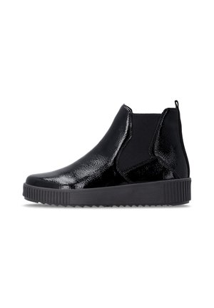Black patent leather ankle boot with elastic side panels and ridged rubber sole for slip-on wear.