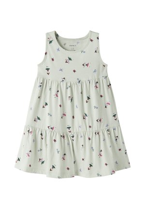 Vestido sin mangas de color verde claro para niño pequeño con falda en capas y pequeño estampado de hadas, mariposas, flores y catarinas por todo el vestido.