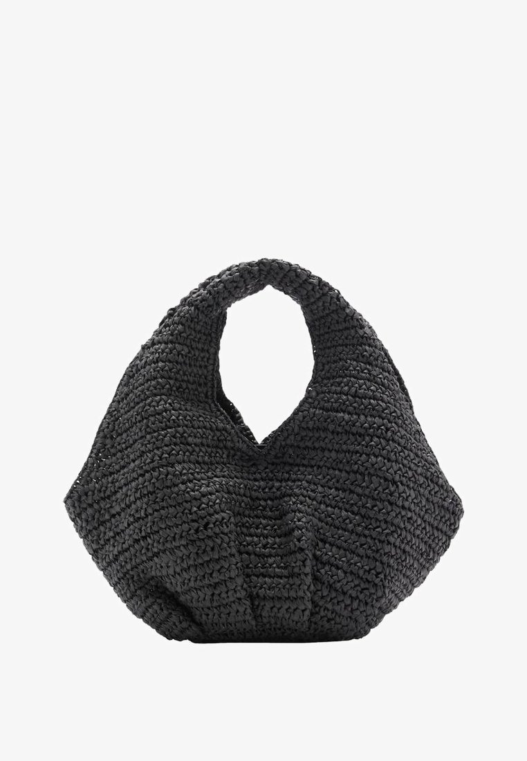 Sac à main noir en tissé avec une forme hobo distinctive, présentant un design de poignée ouverte unique et une surface texturée.