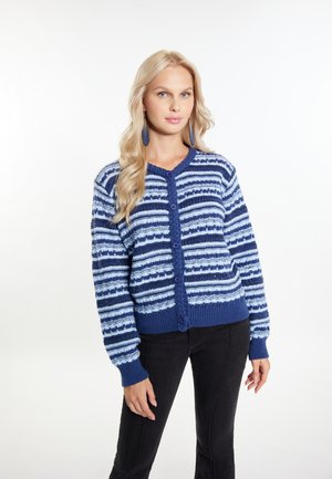 Sininen ja vaaleansininen raidallinen neulecardigan, jossa on napitus, ribbaatut hihansuut ja helma, tekstuuri. Paidan päällä mustat housut.