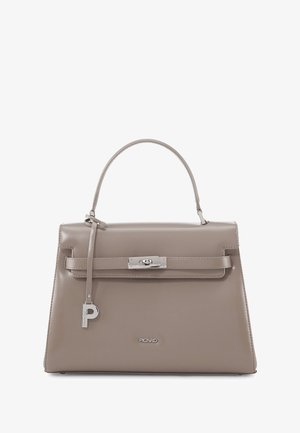 Sac à main en cuir gris au design structuré, avec une poignée supérieure et des ferrures argentées. Il comporte un rabat avant avec une clé décorative et un détail de logo.