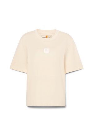 Crème-kleurige, relaxte T-shirt van katoen. Heeft korte mouwen, een ronde hals en een klein gedrukt logo aan de voorkant.