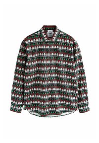 Camisa de manga larga con una base negra y patrones coloridos de stormtroopers y temas navideños en rojo y verde por todo el diseño.