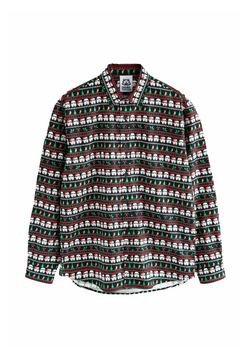 Camisa de manga larga con una base negra y patrones coloridos de stormtroopers y temas navideños en rojo y verde por todo el diseño.
