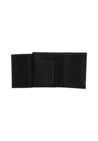Black leather wallet, bi-fold design, featuring multiple card slots, a zippered pocket, and a smooth textured finish.