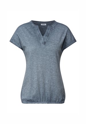 Gray short-sleeve top made of smooth fabric, featuring a V-neck design and a gathered hem for a relaxed fit. Subtle texture throughout.