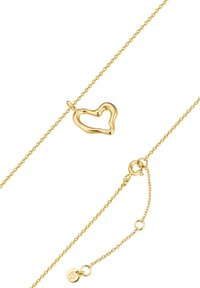 Zlati ogrlica z valovitim obeskom v obliki srca in nežno verigo z ježkom ter majhnim čarom z logotipom.