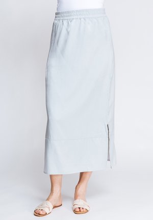 Hellgrauer, knielanger Rock mit elastischem Bund, seitlichem Schlitz für Bewegungsfreiheit, glatter Textur und flachgenähter Saumkante.