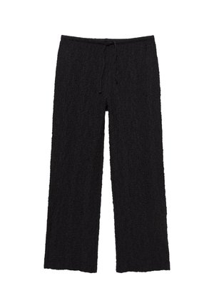 Pantaloni largi negri cu textură, cu talie elastică reglabilă, având un design din țesătură creponată și croială dreaptă.