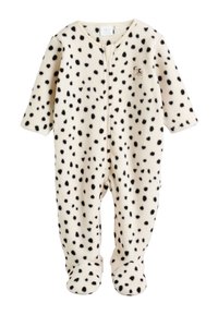 Krém színű bolyhos overál fekete pöttyökkel, hosszú ujjakkal, elöl cipzárral és lábfej nélküli kialakítással a kényelem érdekében.