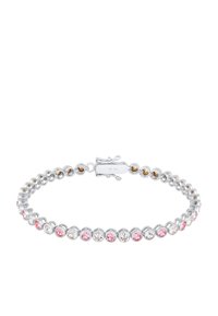 Silverarmband med växlande klara och rosa kristaller i runda inställningar, länkade med cirkulära metalldetaljer och ett säkert spänne.