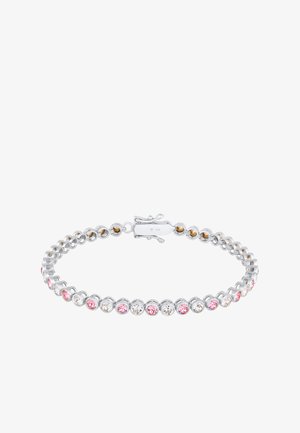 Silberarmband mit abwechselnd klaren und rosa Kristallen in runden Fassungen, verbunden mit kreisförmigen Metallakzenten und einem sicheren Verschluss.