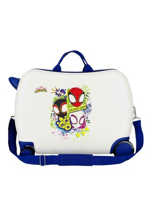 Maleta blanca con ruedas para niños, con asa y correa azules, decorada con caras coloridas de Spider-Man y texto "TEAM-UP".