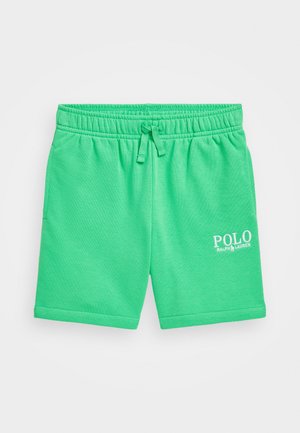 Shorts en coton verts avec une taille élastique, dotés d'un cordon de serrage et d'un logo "POLO RALPH LAUREN" blanc à l'avant.