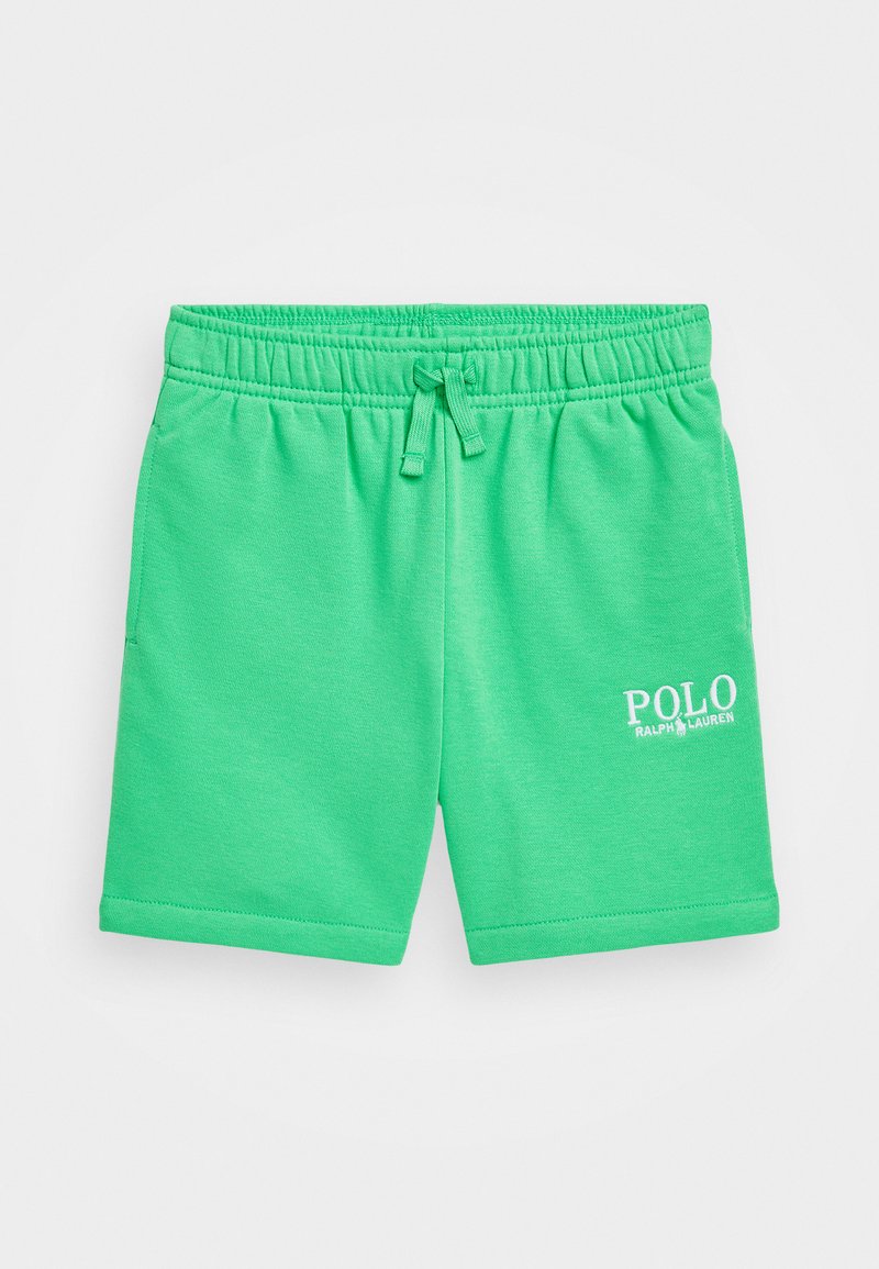 Πράσινα βαμβακερά σορτς με ελαστική μέση, διαθέτουν κορδόνι και λευκό λογότυπο "POLO RALPH LAUREN" στο μπροστινό μέρος.
