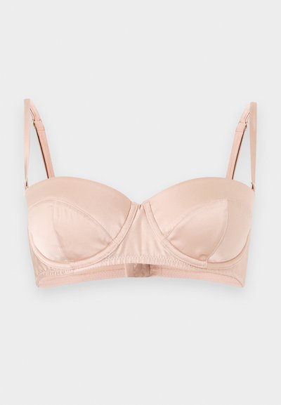Hellrosa Satin-Balconette-BH mit verstellbaren Trägern und Bügelunterstützung, auf weißem Hintergrund gezeigt.