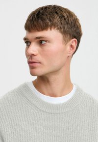 Light gray ribbed sweater with a crew neckline, layered over a white T-shirt. Model has short hair and a small hoop earring.
