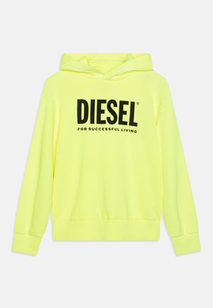 Felpa gialla in cotone, con tasca a marsupio, polsini e orlo a coste, e un logo nero "DIESEL PER UNA VITA DI SUCCESSO".