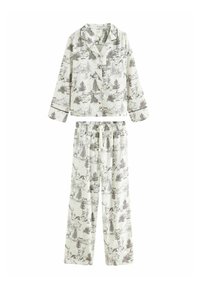Weißes Schlafanzugset mit Wald- und Hirschmuster in Grau, bestehend aus einer knopfbaren Bluse mit Tasche und einer Hose mit elastischem Bund und Kordelzug.