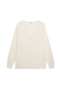 Sweter z dekoltem w serek, z długim rękawem w kolorze kremowym, wykonany z miękkiej, teksturowanej tkaniny. Posiada luźny krój i ściągacz na dole dla dodatkowego akcentu.