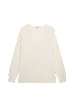 V-neck, long-sleeve sweater in cream, made of soft, textured fabric. Features loose fit and ribbed hem for added detail.