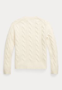 Cream-colored cable-knit sweater with long sleeves, a round neckline, and ribbed cuffs and hem. Features textured patterns throughout.
