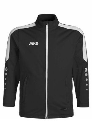 Schwarze Sportjacke mit weißen Akzenten. Ausgestattet mit einem hohen Kragen, einem vollständigen Reißverschluss, zwei seitlichen Taschen und kreisförmigen Mustern an den Ärmeln. Logo auf der Brust.