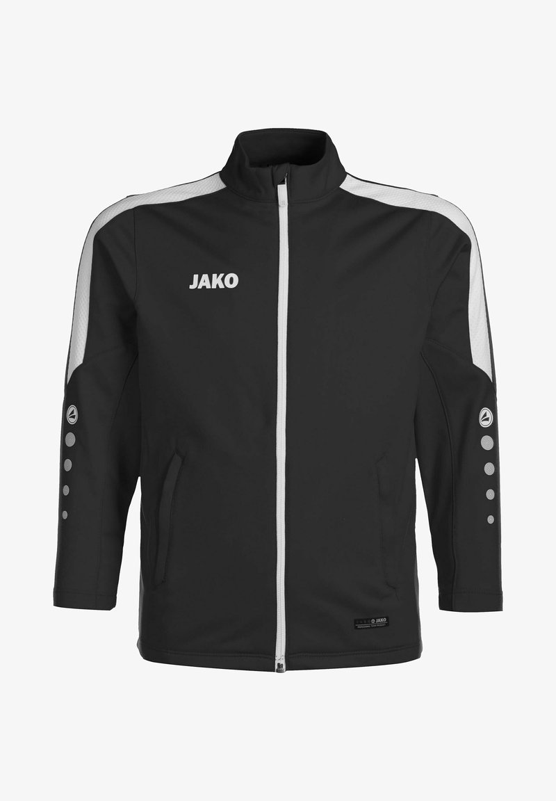 Schwarze Sportjacke mit weißen Akzenten. Ausgestattet mit einem hohen Kragen, einem vollständigen Reißverschluss, zwei seitlichen Taschen und kreisförmigen Mustern an den Ärmeln. Logo auf der Brust.