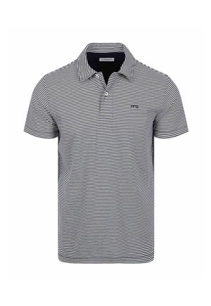 Herren Kurzarm-Poloshirt mit schmalen schwarz-weißen horizontalen Streifen und kleinem Logo auf der linken Brust.