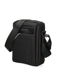 Borsa a tracolla nera realizzata in tessuto testurizzato, con chiusura a zip, tracolla regolabile e logo impresso con la scritta "FREE TIME" sul davanti.