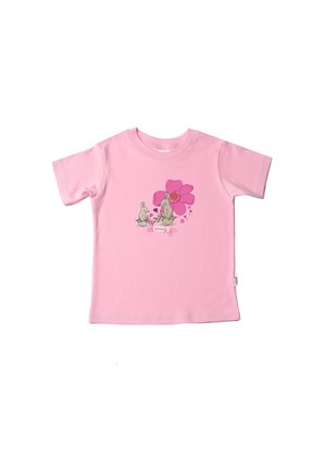 Rosa Baumwoll-T-Shirt mit einem Aufdruck von zwei Hasen und einer großen pinken Blume. Kurzärmlig und mit rundem Halsausschnitt.