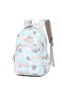 Zaino realizzato in tessuto leggero con una combinazione di colori pastello, caratterizzato da motivi astratti in azzurro chiaro, grigio e rosa. Tasca frontale con zip.