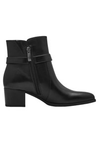 Bottes noires en cuir à talon bloc, avec fermeture éclair sur le côté et une fine sangle autour de la cheville. Texture lisse et design élégant.