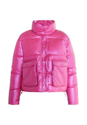 Roze pufferjack met een hoge kraag, drukknoopsluiting en twee voorkanten zakken. Gladde, glanzende stof met een doorgestikt patroon en een cropped ontwerp.