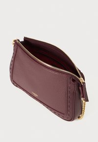 Burgundy leather clutch bag with a textured finish, gold zipper, and chain accent. Features stitching along the edges and a lined interior.