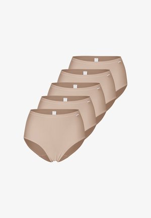Beige hochtaillierte Baumwollslips im Fünferpack, mit glatter Textur, elastischem Bund und minimalem Markenetikett auf der Vorderseite.